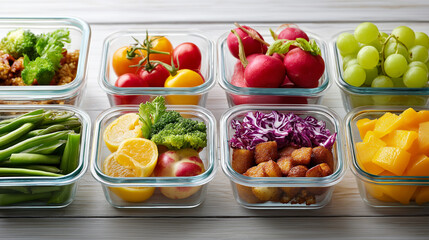 Balanced portions arranged in containers, weekly meal preparation concept, healthy eating organization, nutritious food planning, minimalist photography, with copy space