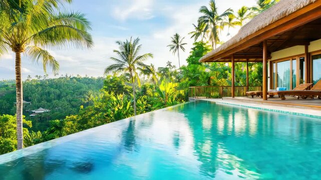 Poolside Paradise: A serene luxury villa, nestled amidst lush tropical foliage, with an inviting infinity pool reflecting the radiant sky. A perfect getaway.