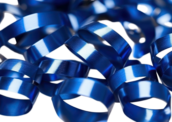 Swirling, glossy, royal blue metallic ribbon curls fill frame