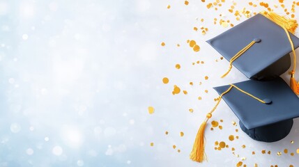 Academic Journey's Commencement: Two graduation caps adorned with golden tassels and confetti, symbolize educational milestones and the promise of future endeavors. 