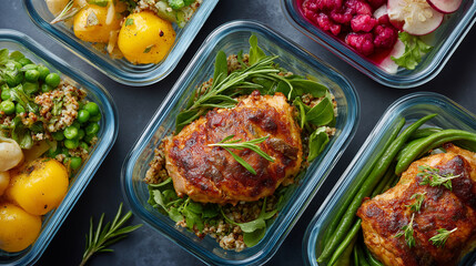 Overhead perspective of balanced meal containers, nutritious portions, organized healthy eating, meal prep variety, clean composition, with copy space