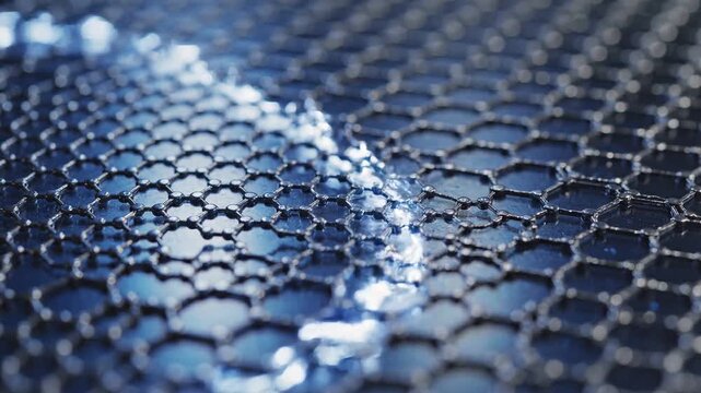 Quantum Computing Breakthroughs concept. Abstract blue background with hexagonal patterns and light reflections.
