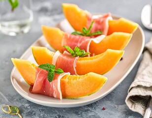 Firefly am&oacute;n Ib&eacute;rico offers summer tapas of ripe melon wedges wrapped in ham showcasing Spanish cuisine in a vibrant setting