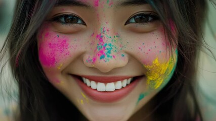 A woman with a joyous smile, her face vibrantly painted in various colors of celebratory holi festival paint.