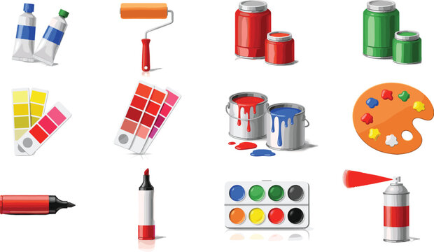 Painting Tools and Art Supplies Illustration Set with Paint Cans, Color Palette, Brushes, Rollers, Markers, and Spray Can for Creative Design Projects
