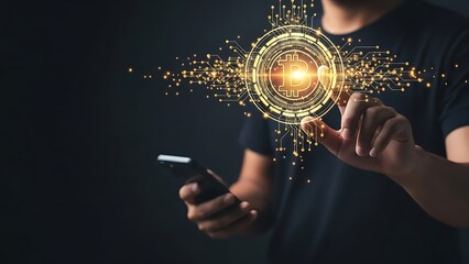 A person interacting with a glowing digital network representing data security artificial intelligence and the future of technology