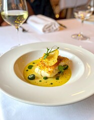 Bacalao al Pil Pil served in fine dining style in a restaurant setting with elegant decor and soft lighting