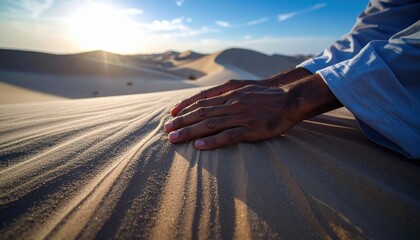 Expertly crafted close-up of a hand elegantly sliding across fine sand dunes at sunset, showcasing nature's beauty and serenity in a desert landscape.