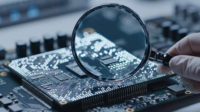 Quantum Computing Breakthroughs concept. Magnifying glass over a circuit board, showcasing electronic components.