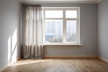 Fototapeta premium Empty room interior features soft light filtering through sheer curtain next to a bright window overlooking city buildings