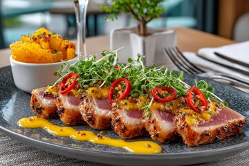 Firefly tuna with miso glaze in spanish cuisine served with spicy mango sauce and grilled vegetables in a restaurant setting