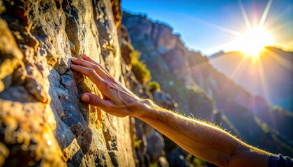 Hand Reaching for Rocky Surface at Sunset with Beautiful Mountain Landscape in Background, Warm Colors and Sun Rays Illuminating the Scene