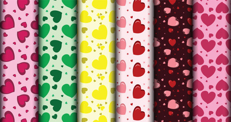 Cute set of scandinavian Sweet Heart Valentines Day seamless patterns with fabric textures. Cute minimal design for wrap, fabric, cloth, print, wedding decor