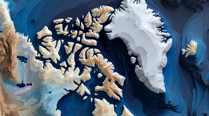 Stylized Greenland map with emphasis on fjords and coastline detail, contemporary flat-plus-3D hybrid design, cool Arctic colors, educational and editorial illustration style