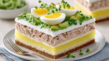 Causa lime&ntilde;a prepared with layers of yellow potato, chicken, avocado, mayonnaise, and egg, showcasing traditional Spanish cuisine in a bright kitchen setting