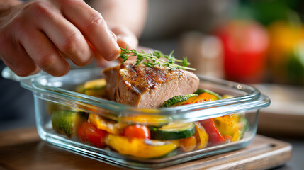 Hands packing grilled protein and vegetables into glass container, healthy meal prep lunch preparation, organized eating habits, with copy space