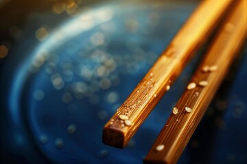 Close up of wooden chopsticks with sesame seeds resting on the rim of a blue bowl, creating a serene dining atmosphere