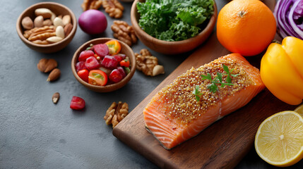 Fototapeta premium Balanced nutrition preparation featuring fresh ingredients, organized healthy eating concept, meal planning photography, clean composition, with copy space