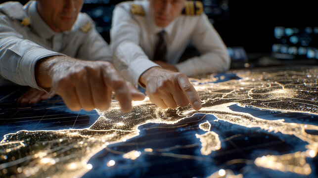 Close-up of analysts reviewing a digital maritime map filled with glowing routes, port symbols, and vessel data, hands gesturing toward key logistics corridors, global shipping opt - Powered by Adobe