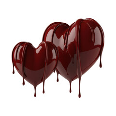 Two glossy dark red hearts with rich liquid dripping, resembling melting chocolate, symbolizing love and passion, isolated on transparent background.