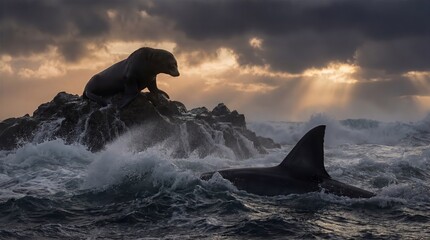 Dramatic Sea Lion and Shark Encounter in Stormy Ocean