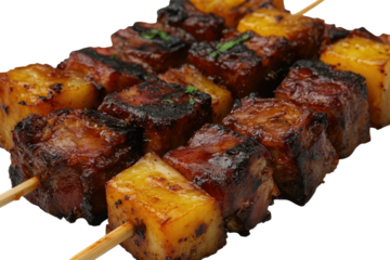 Grilled meat & pineapple skewers, golden brown