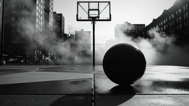 Black and White Cinematic Scene of a Basketball and Hoop on an Urban Basketball Court with Misty Fog
