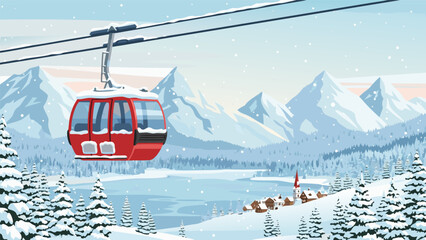 Ski Resort Cable Car Scenic Mountain Landscape in Winter Snow - Vector Illustration © PDWN Creative