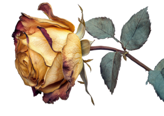 Faded rose, browning petals and leaves, isolated