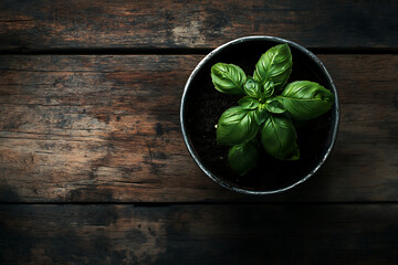 Fresh Green Basil Plant in a Pot on a Dark Rustic Wooden Table, Overhead View of Young Basil Herb Growing in Soil with Copy Space