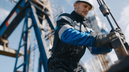 Obraz premium Close-up shot of a worker tightening bolts on an oil pump unit, textured steel and layered machinery dominating the frame, cold northern oil field atmosphere, realistic lighting an