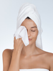 Asian Woman Spa Portrait With Fresh Skin Cleaning Face Using Cosmetic Wipe