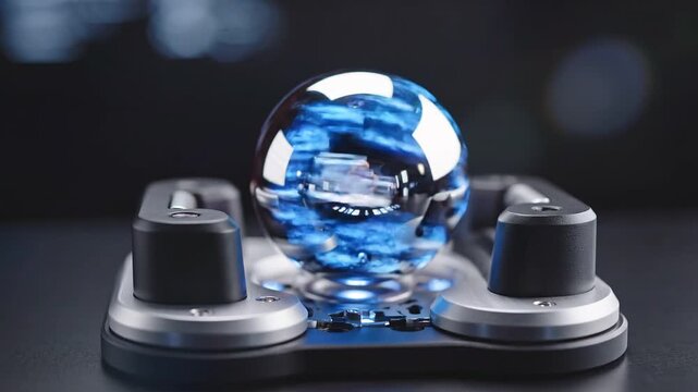 Quantum Computing Breakthroughs concept. A glass sphere on a modern base reflecting vibrant colors.