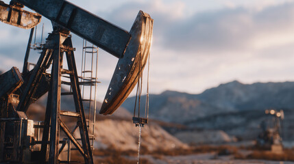 Cinematic close-up of a West Texas oil pumpjack at golden hour, rusted metal glowing under warm light, strong shadows emphasizing form and structure, ultra-detailed realism
