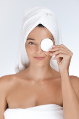 Beautiful Woman Doing Skincare Routine With Cotton Pad 