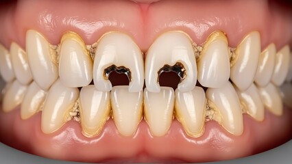 Photorealistic dental anatomy detail highlighting dental caries and tooth structure for medical and dental education.
