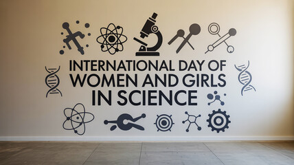 International day of women and girls in science message on a wall, surrounded by diverse scientific symbols