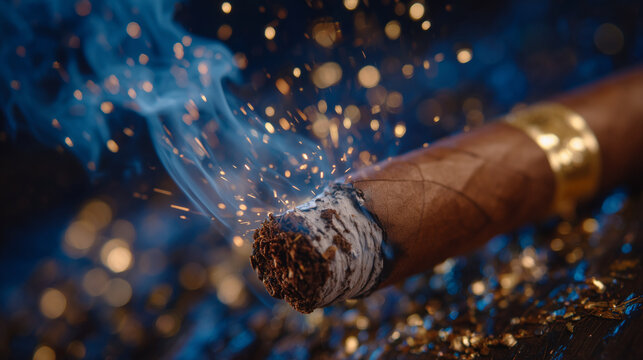 Cinematic close-up of a burning cigar tip with glowing embers, ash forming delicately, rich brown tobacco wrapper in sharp focus, dark moody background, ultra-detailed luxury tobac