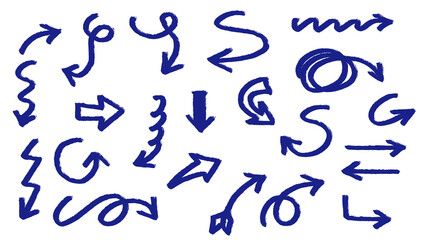 Fototapeta premium Hand-drawn Blue Arrow Collection: Directional Design Elements, Navigation Cues, and Wayfinding Icons on White Background. Transparent.
