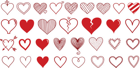 Collection of hand-drawn and solid red heart shapes, ideal for expressing love and romance, perfect for Valentine's Day, anniversaries, and romantic themed designs