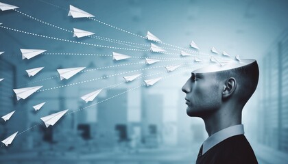 A conceptual visual of paper airplanes emerging from a human head, symbolizing creative thinking