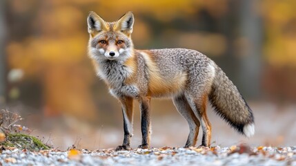 Fototapeta premium Alert red fox stands amidst blurred autumnal foliage, watchful eyes forward