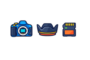 Digital camera, lens hood, and SD card icons on black background