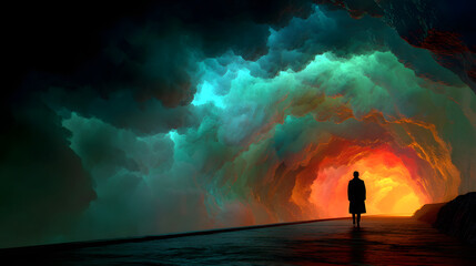 Fototapeta premium A silhouette of a person walking towards a colorful tunnel of light, symbolizing journey, hope, and self-discovery.