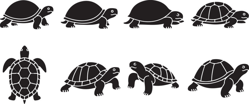 Collection of black turtle silhouettes in various poses on a white background