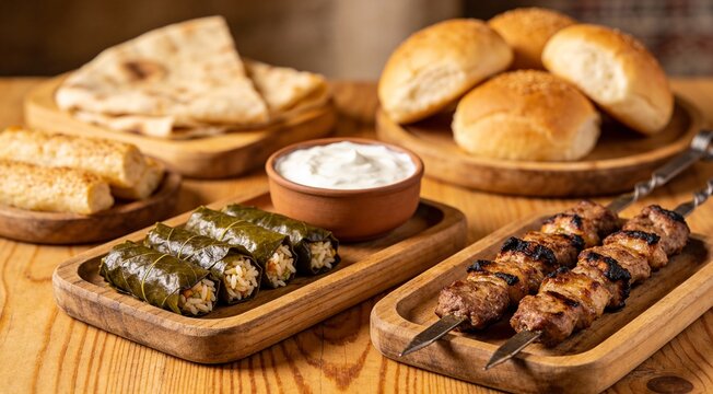 Traditional Tekirdag dishes arranged on rustic wooden background