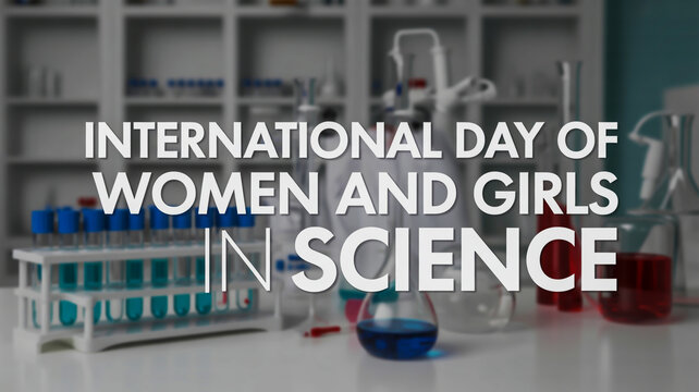 Celebrating the international day of women and girls in science, featuring laboratory equipment and colorful chemical solutions - Powered by Adobe