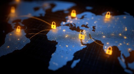 Global Cybersecurity Network with Digital Locks and Map Interface Representing Data Protection and Security Measures