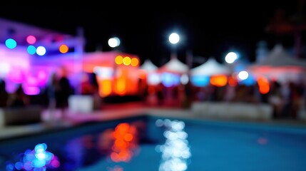 Blurred night pool party with colorful lights and atmosphere