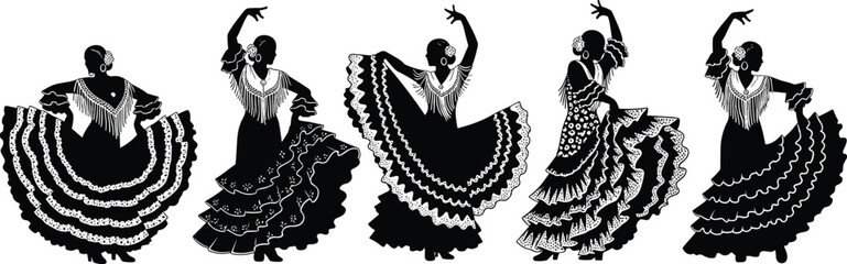 Artistic gymnastics silhouettes collection, female athletes performing handstands, splits, and acrobatic poses, professional sport vector set for fitness and athletic training content